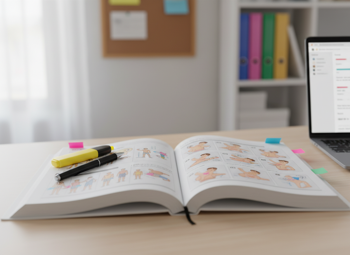 A detailed, photographic realism shot of an open CPR and caregiver training manual on a light wood desk, pages filled with diagrams of safe lifting techniques and step-by-step CPR sequences. A highlighter and pen rest diagonally across the margin, with sticky notes peeking out from several bookmarked sections. In the upper corner of the frame, a laptop screen is visible but softly blurred, showing the edge of an online course dashboard. The background suggests a quiet study area with a subtle bulletin board and neatly stacked binders. Soft, overcast daylight from a nearby window spreads evenly across the pages, making text and illustrations clear while casting minimal shadows. The mood is studious, empowering, and accessible, underscoring free educational opportunities for aspiring caregivers.