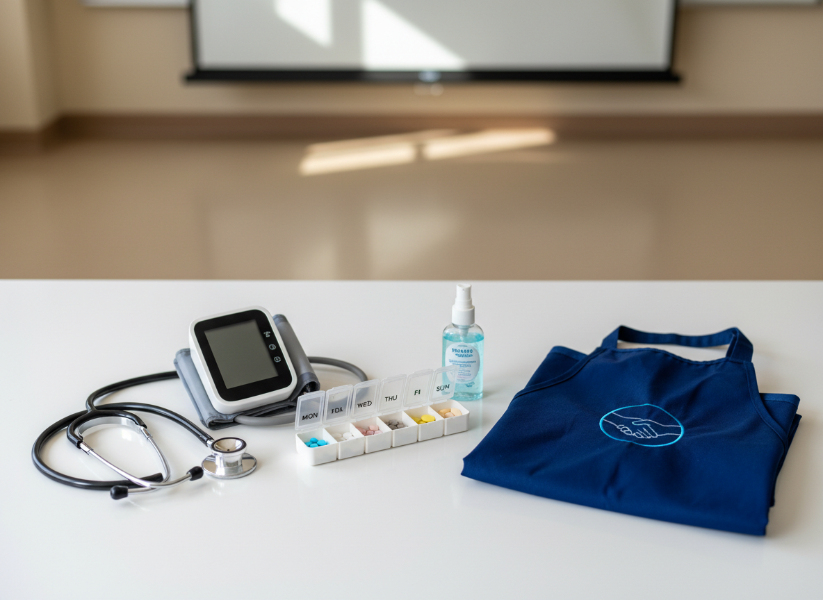 An overhead, photographic realistic scene of a fully laid-out caregiver skills practice station on a smooth white table: a stethoscope neatly coiled, a digital blood pressure cuff with its screen off, a pill organizer labeled by day, a small bottle of hand sanitizer, and a folded navy-blue training apron embroidered with a subtle foundation emblem. Each item shows fine texture, from the rubbery tubing to the crisp fabric folds. The background suggests a clean training room with soft beige flooring and a distant, blurred projector screen. Gentle, diffused daylight combined with discreet ceiling lights creates an even, professional illumination with minimal shadows. The composition uses rule of thirds for balance, projecting organization, competence, and accessibility for low-income adult learners.