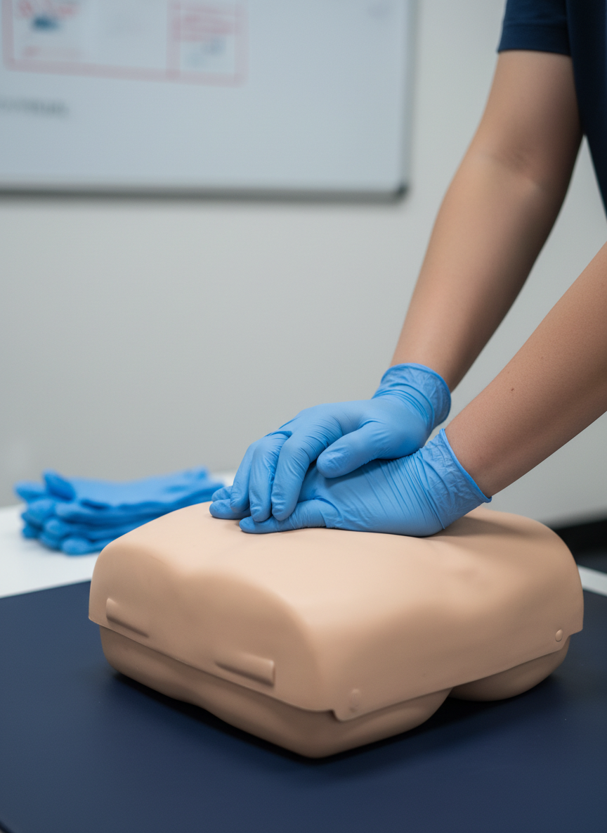 A close-up, photographic realistic view of a CPR training manikin’s chest and interlocked gloved hands positioned for proper compressions, frozen in a demonstration pose. The manikin’s beige, slightly matte surface contrasts with the smooth, powder-blue nitrile gloves, showing precise hand placement at the sternum. Beneath, a dark navy training mat adds depth and professionalism. The environment hints at a training room with a blurred whiteboard and a neatly folded stack of spare gloves in the background. Cool, even overhead lighting with a soft secondary fill light from the side creates gentle shadows that emphasize correct form. Captured from a slightly elevated angle with a shallow depth of field, the mood is focused, instructional, and reassuring, ideal for explaining technique on an educational nonprofit website.