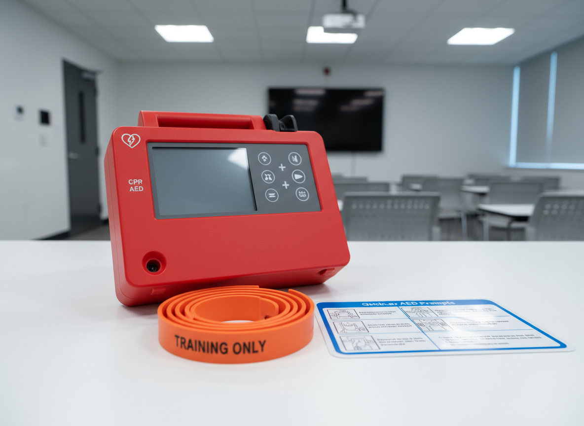 A photographic realistic close-up of a bright red CPR training automated external defibrillator (AED) unit resting open on a clean white tabletop, its training pads coiled neatly beside it and labeled clearly as “training only.” The AED’s screen is inactive but shows faint button details and clear, legible icons. Next to it lies a laminated quick-reference card with CPR steps and AED prompts. The setting is a modern training lab, suggested by a blurred projector and neatly aligned chairs in the background. Cool, balanced overhead lighting provides clear visibility of all labels and textures, creating faint, crisp shadows. Shot from a slightly low angle to give the AED a sense of importance, with medium depth of field, the image conveys readiness, safety, and competence for community CPR education.