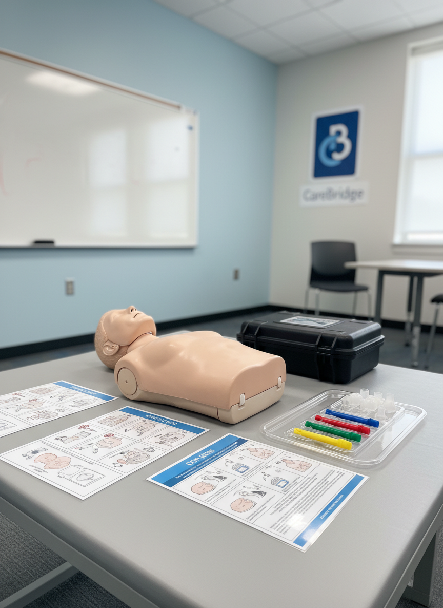 A neatly organized caregiver training workstation featuring a high-quality CPR manikin with realistic skin-like texture and clearly defined chest compression area, resting on a spotless light gray padded mat. Surrounding the manikin are laminated training charts, a closed automated external defibrillator case, and color-coded practice airways arranged with clinical precision. The setting is a bright, modern classroom with pale blue walls, a whiteboard in the background, and a subtle CareBridge-style logo on a wall poster. Soft, diffused daylight enters from large unseen windows, creating gentle reflections on plastic surfaces. Photographic realism at eye level, with a shallow depth of field that keeps the manikin sharply focused while the background softly blurs, conveying a professional, calm, and trustworthy atmosphere.